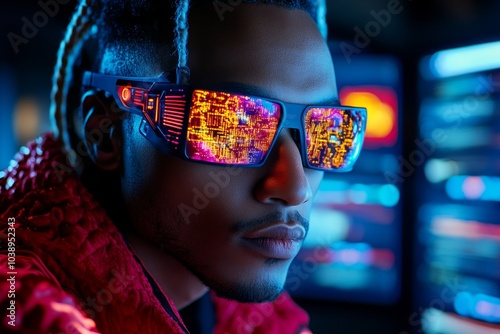 Person wearing futuristic goggles, with multiple screens projecting different realities in front of their eyes, representing subjective experience in a digital world photo