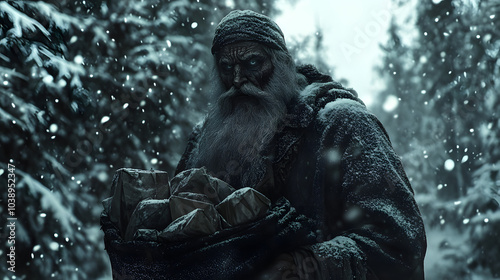 A Dark and Malevolent Reimagining of Santa Claus with Twisted Features and Cursed Gifts