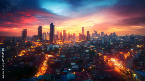 Gorgeous Aerial View of a City Skyline Drenched in Twilight, Showcasing Stunning Architectural Wonders Against a Colorful Sky