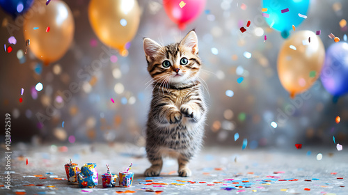 A Spirited Kitten Reveling in the Joyous Atmosphere of a Birthday Party in a Brightly Decorated Living Room photo