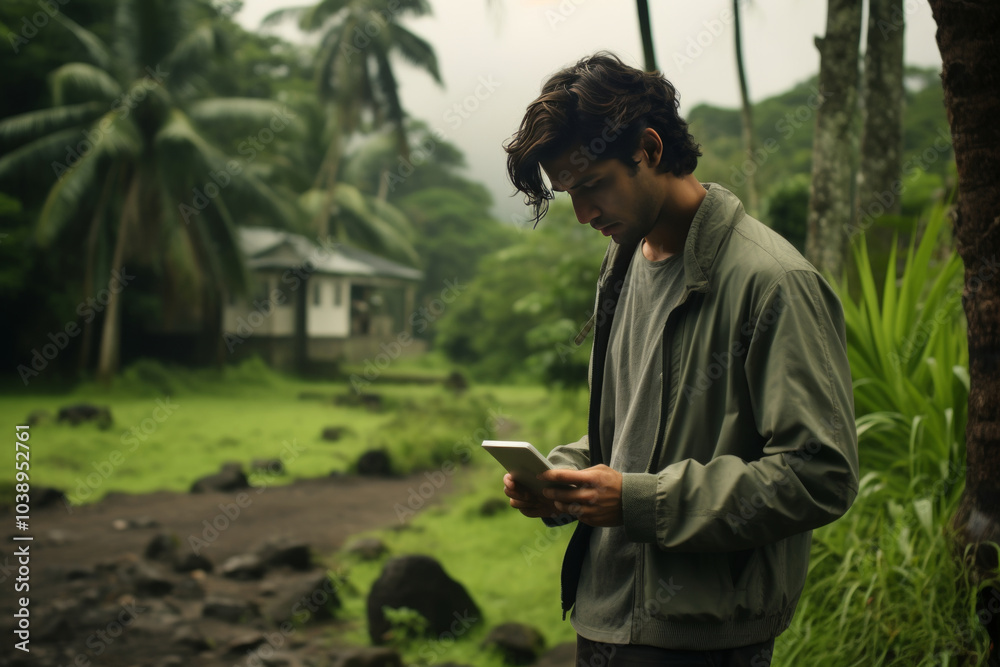 Thoughtful young caucasian man checking messages on his smartphone outdoors in tropical jungle. communication, travel and adventure. remote digital access and technology in nature