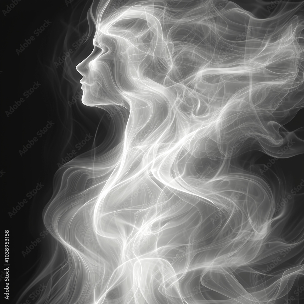 ethereal female profile rendered in flowing smoke patterns on a monochrome backdrop ethereal female profile rendered in flowing smoke patterns on a monochrome backdrop