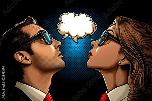 Retro-style illustration of two people looking at the same object, but each seeing something completely different, illustrating subjectivism in a nostalgic design