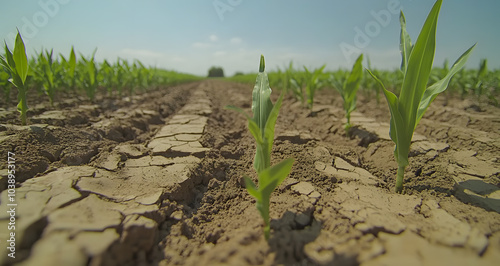 Dry Cracked Soil with Corn Plants: Depicting the Challenges of Agriculture in Drought Conditions.