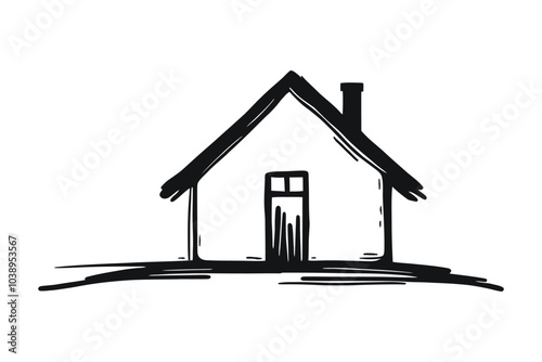 Hand drawn house sketch, features a pitched roof, chimney, window, and door