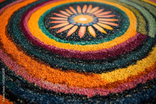 A rangoli pattern created with colored sand and rice. 