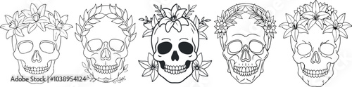 Set Artistic and colorful skull adorned with floral designs showcasing creativity and life