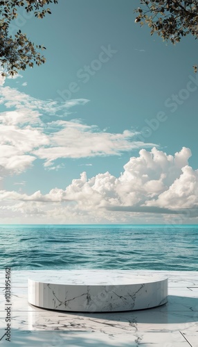 Elegant white marble podium overlooking a serene ocean, inviting contemplation and nature s beauty photo