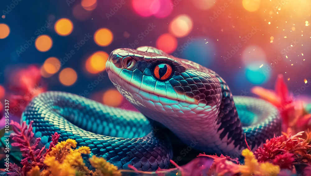 New Year background with a cute snake - a symbol of 2025, on a festive defocused background with glare and bokeh New Year background with a cute snake - a symbol of 2025, on a festive defocused background with glare and bokeh