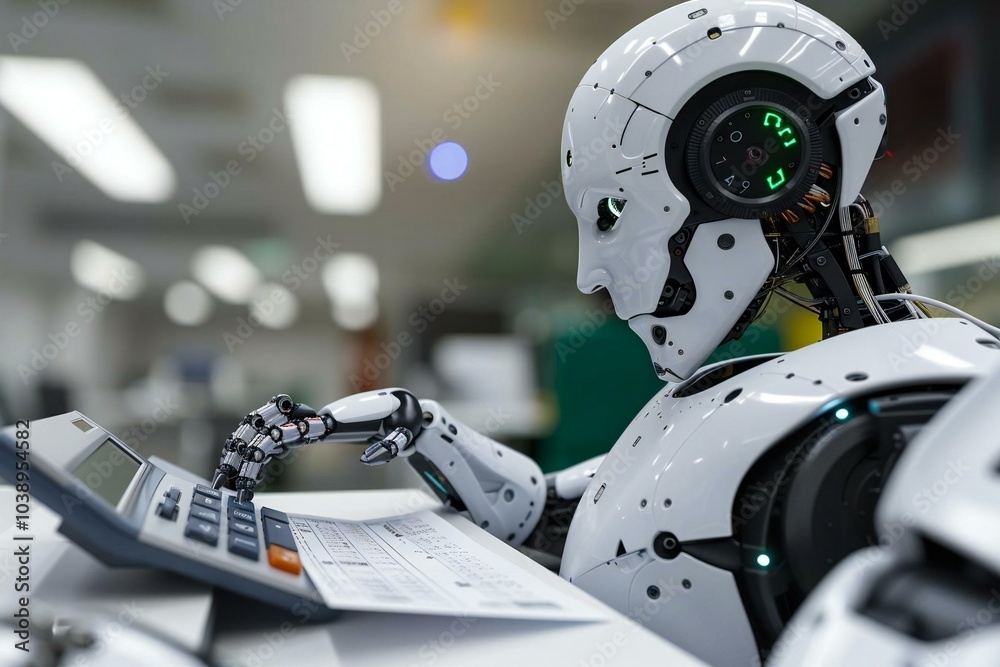 Fototapeta premium Close-up Of Humanoid Robot Working With Accounting Document At Desk, robot, accounting, ai, artificial, office, intelligence, code, worker, tech, machine, bookkeeping, technology, future