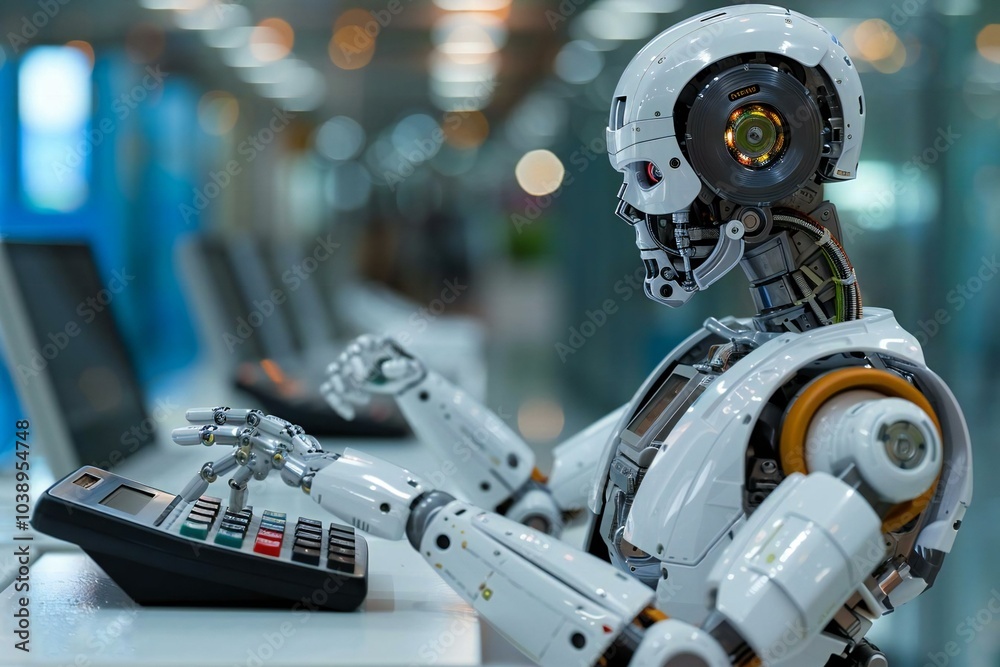Close-up Of Humanoid Robot Calculating Budget With Calculator At Desk Close-up Of Humanoid Robot Calculating Budget With Calculator At Desk