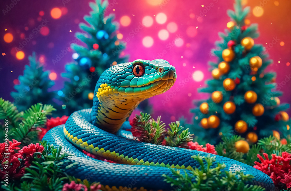 New Year background with a cute snake against the background of a New Year tree New Year background with a cute snake against the background of a New Year tree