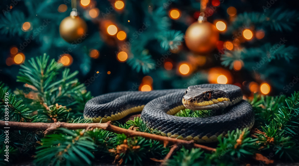 Fototapeta premium Snake - Symbol of 2025 according to Eastern tradition, against the backdrop of the New Year tree