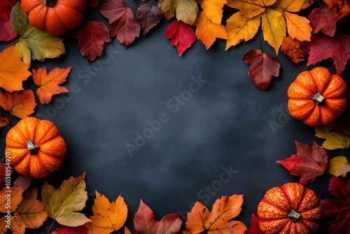 Autumn frame with colorful leaves and pumpkins on dark background, flat lay, top view, banner with copy space. Fall leaf and vegetables border. Concept of Thanksgiving, Harvest Day, Halloween