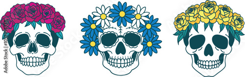 Collection Colorful sugar skull designs adorned with vibrant flower crowns celebrating cultural traditions