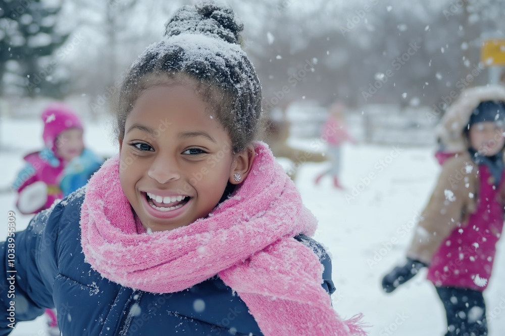 A young girl is smiling and wearing a pink scarf while playing in the snow with other children. Concept of joy and playfulness as the children enjoy their time outdoors in the winter weather A young girl is smiling and wearing a pink scarf while playing in the snow with other children. Concept of joy and playfulness as the children enjoy their time outdoors in the winter weather