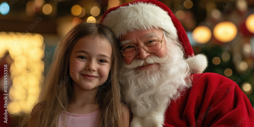 A young girl is posing for a picture with Santa Claus. Scene is cheerful and festive, as it captures a special moment between the child and the beloved holiday figure A young girl is posing for a picture with Santa Claus. Scene is cheerful and festive, as it captures a special moment between the child and the beloved holiday figure