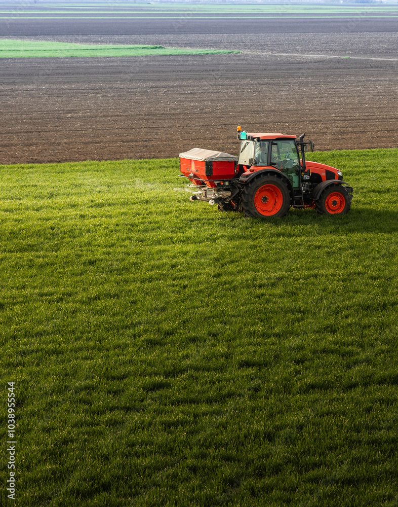 Fototapeta premium Farmer fertilizing arable land with nitrogen fertilizer