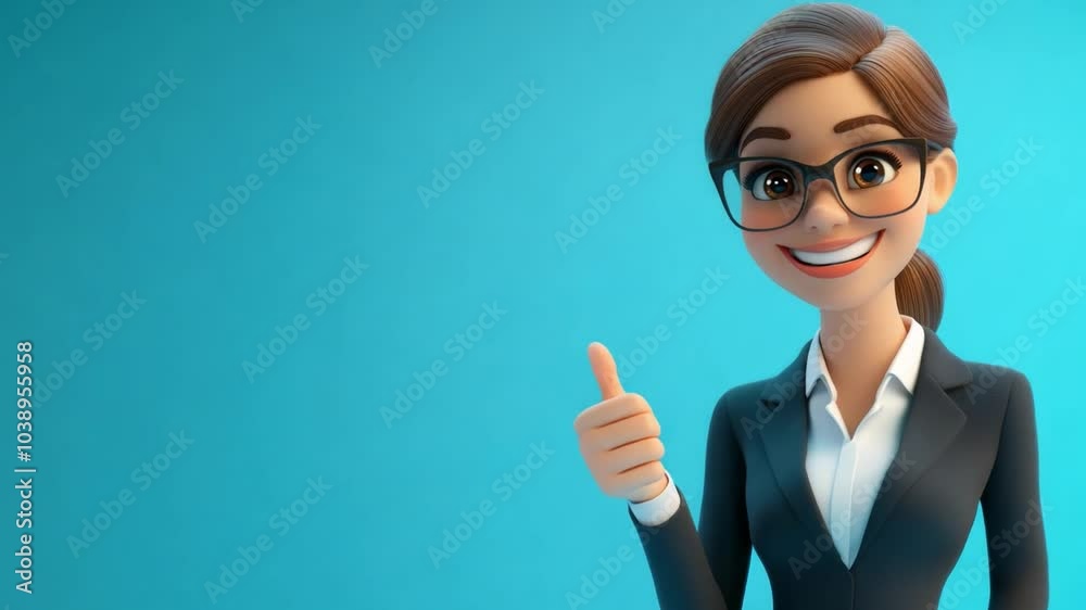 A young business woman dressed in a professional suit smiles broadly and gestures a thumbs up on blue backdrop, radiating enthusiasm and assurance A young business woman dressed in a professional suit smiles broadly and gestures a thumbs up on blue backdrop, radiating enthusiasm and assurance