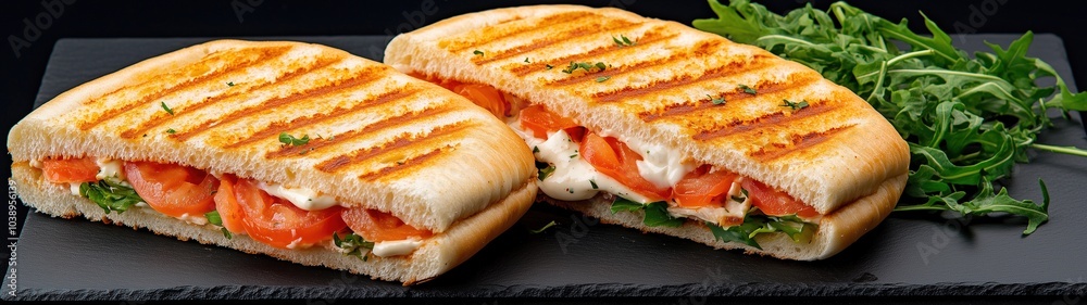 Appetizing paninis on a black plate. Appetizing paninis on a black plate.