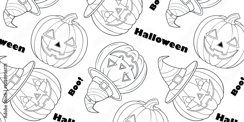 Halloween pumpkin and witch hat pattern with Boo and Halloween text, for holiday-themed products, wrapping paper, decorations Halloween pumpkin and witch hat pattern with Boo and Halloween text, for holiday-themed products, wrapping paper, decorations