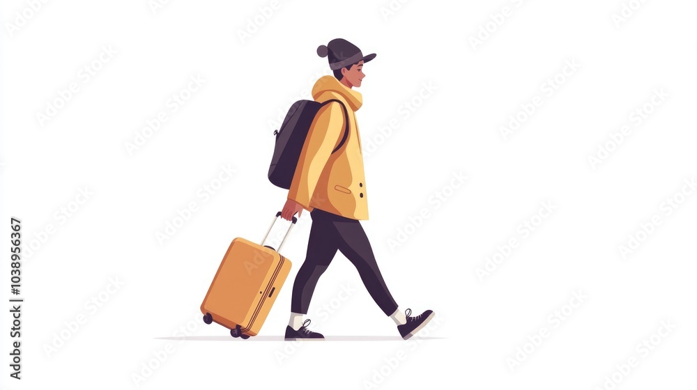 A character strolling while holding a suitcase, implying travel or work. The clean white background 