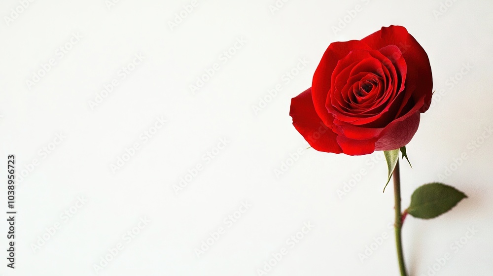 Red rose atop white table near green stem, white walls background Red rose atop white table near green stem, white walls background