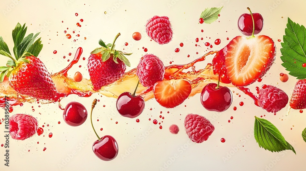 Strawberry, Raspberry, Cherry Painting on White Background - Splashed Paint Strawberry, Raspberry, Cherry Painting on White Background - Splashed Paint