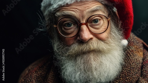 Close-Up of Santa Claus Wearing Glasses with a Thoughtful Expression and a Cozy Winter Look