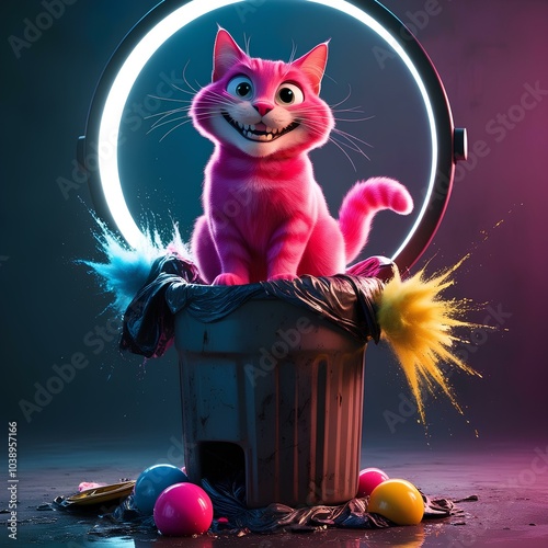 cat in the middle of a trash can , generative ai