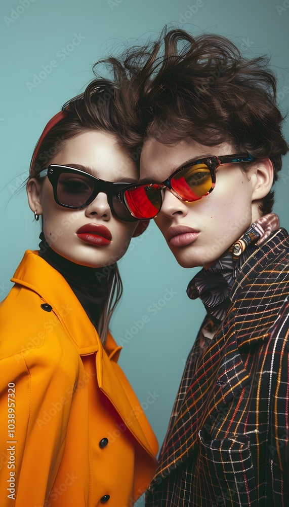 Fashion couple young models in stylish sunglasses on a minimalistic wall background. Ideal advertising for accessories eyewear stores.