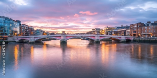 Serene Sunset over the River Thames with a Stunning Reflection of a Brick Bridge and City Skyline.