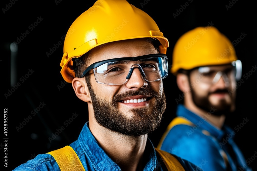 Workers in a factory wearing safety helmets, overseeing automated systems and machinery in motion Workers in a factory wearing safety helmets, overseeing automated systems and machinery in motion