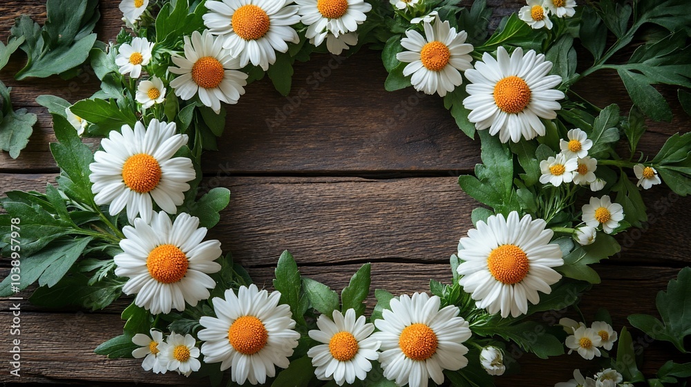 Obraz premium A wreath of fresh daisies on a rustic wooden background.