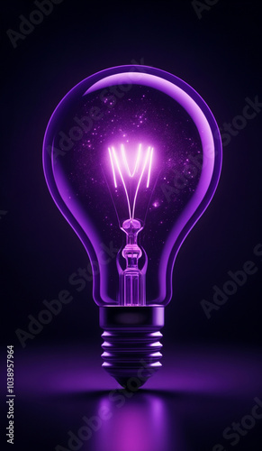 Purple holographic glowing lightbulb with copy space.