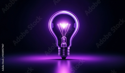 Purple holographic glowing lightbulb with copy space.