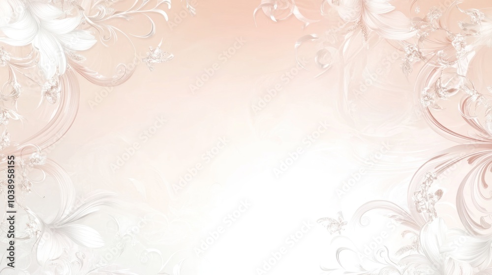Delicate White Floral Frame on Peach Gradient Background - Romantic Wedding Invitation Design. Delicate White Floral Frame on Peach Gradient Background - Romantic Wedding Invitation Design.