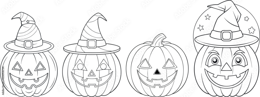 Vector collection of four pumpkins with different witch hats, for Halloween-themed icons, stickers, event branding