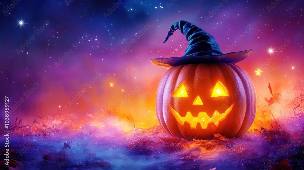 Naklejka premium A cute pumpkin with a witch hat against a pastel purple and orange sky, twinkling stars adding to the Halloween fun.