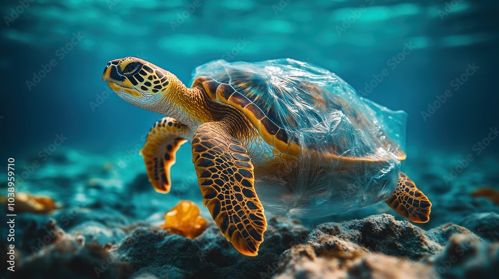 Obraz premium Sea Turtle Entangled in Plastic Underwater, Highlighting Ocean Pollution and Environmental Issues