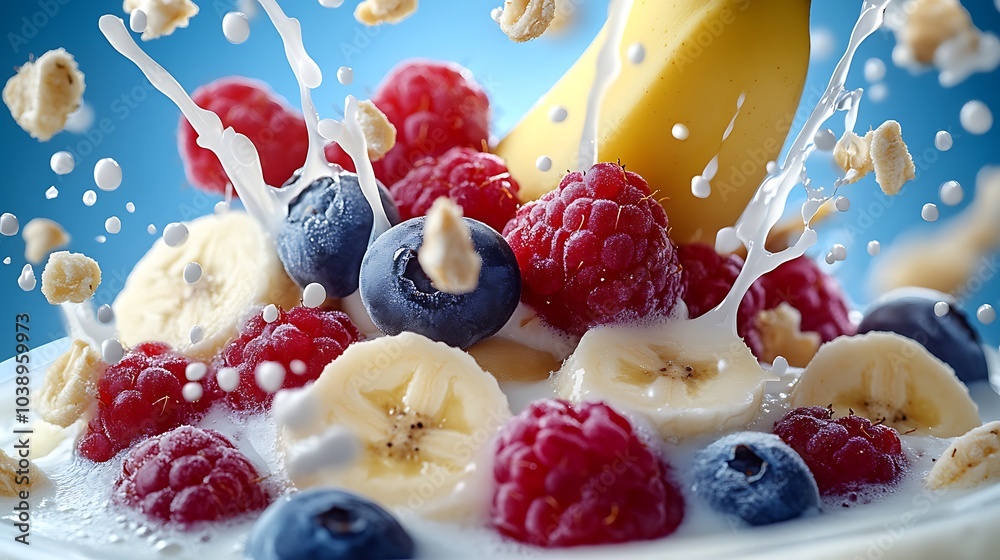 A fruit splash with bananas and raspberries on top of a white plate. The fruit is surrounded by milk droplets fresh mixed berries a banana, and milk. Concept of freshness and vitality. Blue backdrop A fruit splash with bananas and raspberries on top of a white plate. The fruit is surrounded by milk droplets fresh mixed berries a banana, and milk. Concept of freshness and vitality. Blue backdrop