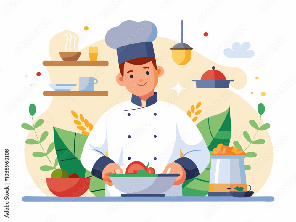 A cheerful chef preparing a fresh salad in a bright kitchen with plants and kitchenware around, showcasing culinary skills and creativity A cheerful chef preparing a fresh salad in a bright kitchen with plants and kitchenware around, showcasing culinary skills and creativity