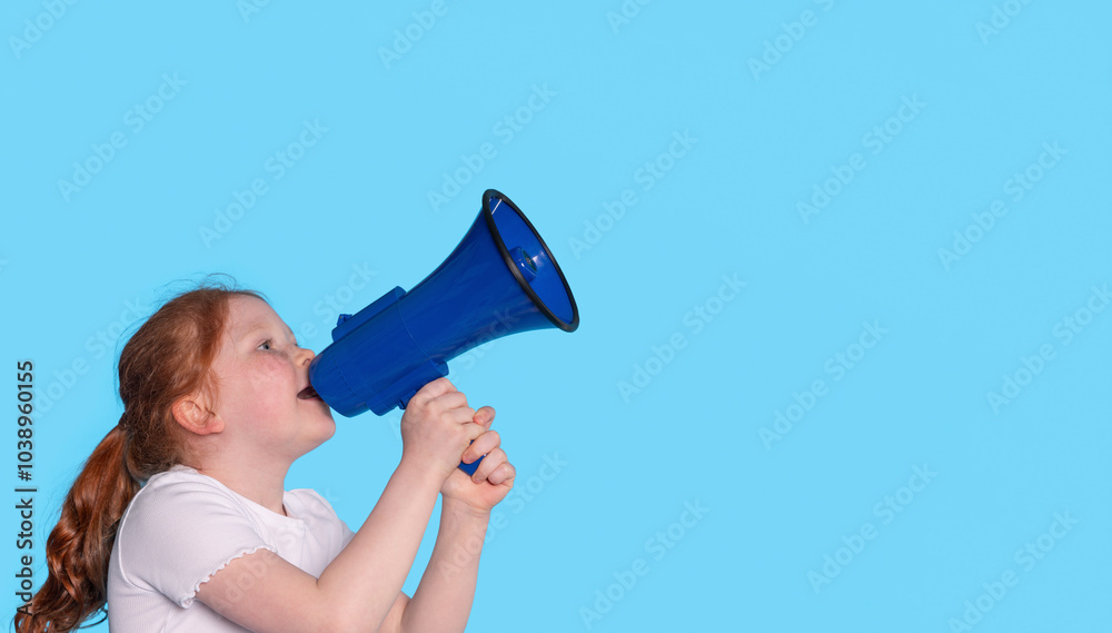 A spirited girl joyfully using a blue megaphone against a vibrant blue background during a lively summer day A spirited girl joyfully using a blue megaphone against a vibrant blue background during a lively summer day