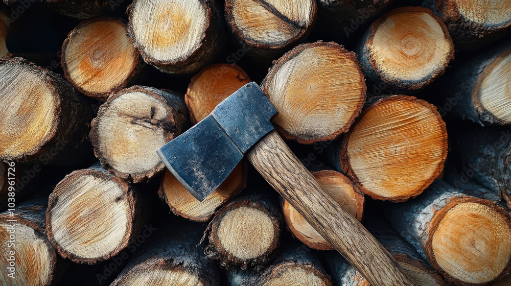 An ax resting on neatly stacked logs in a rustic setting during daylight hours An ax resting on neatly stacked logs in a rustic setting during daylight hours
