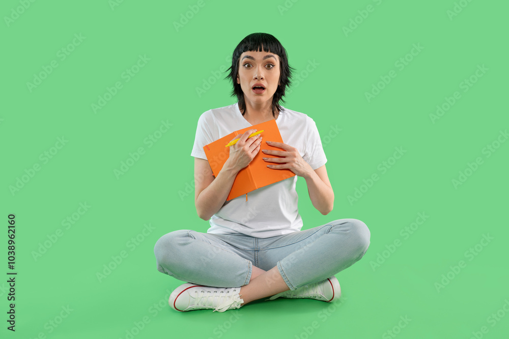 A surprised young woman sits cross-legged on a bright green background, holding an orange book in astonishment A surprised young woman sits cross-legged on a bright green background, holding an orange book in astonishment