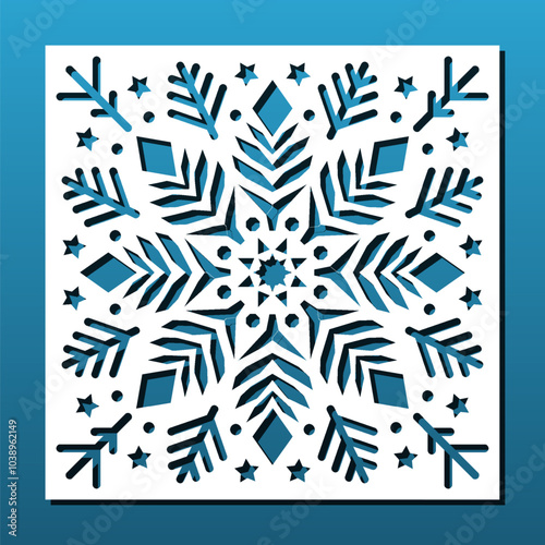 Laser cut Panel, stencil for CNC cutting, Christmas snowflake abstract pattern. Room screen, coaster, home interior wall art, engraving, card background. Vector illustration