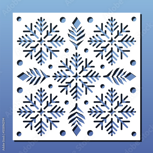 Laser cut Panel, stencil for CNC cutting, Christmas snowflake abstract pattern. Room screen, coaster, home interior wall art, engraving, card background. Vector illustration