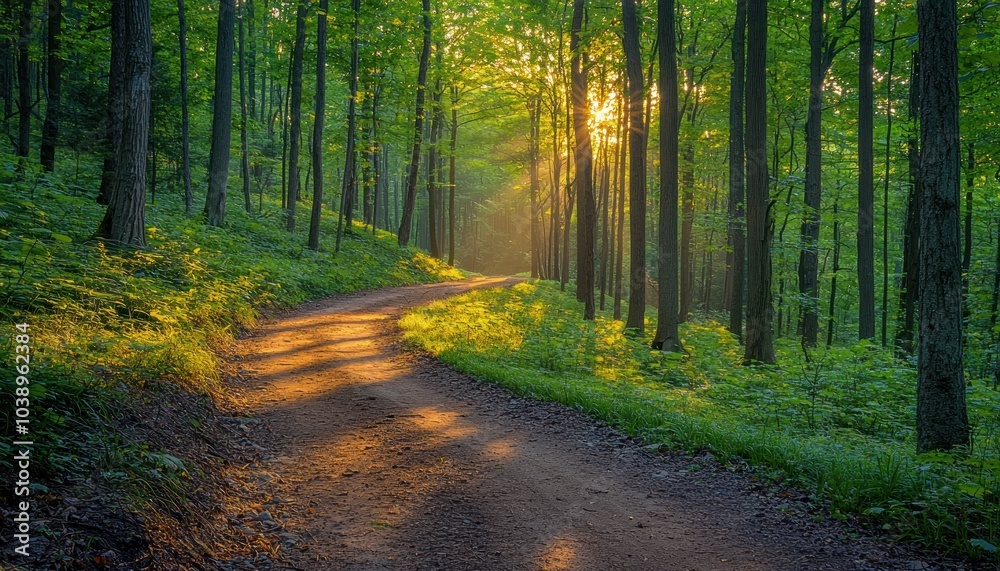Sunbeams Illuminating a Winding Forest Path Sunbeams Illuminating a Winding Forest Path
