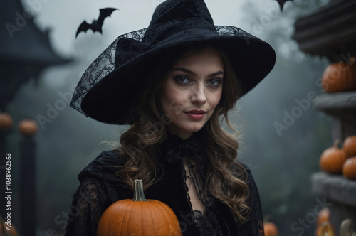 Girls in Halloween makeup and witch costume with pumpkins in gothic Halloween attire with jack-o’-lanterns and haunted house