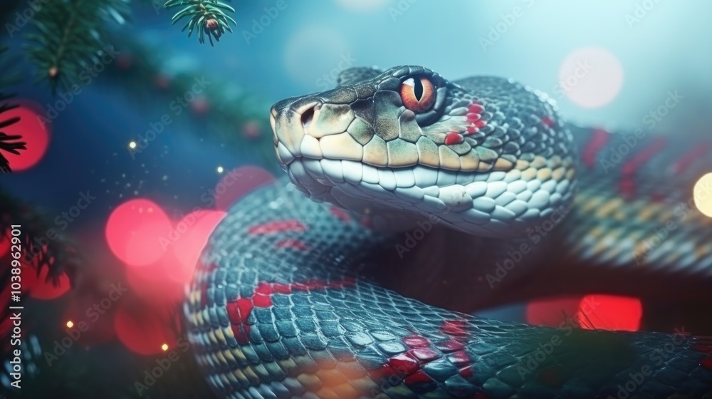 2025 Year of the Snake. Close-up of snake with blurred background, lying around Christmas tree, Christmas toys, place for inscription or text. New Year's atmosphere. 2025 Year of the Snake. Close-up of snake with blurred background, lying around Christmas tree, Christmas toys, place for inscription or text. New Year's atmosphere.